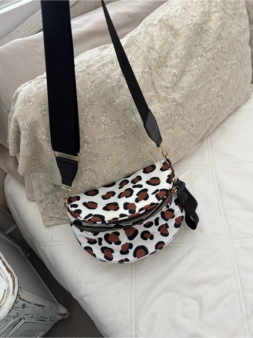 Leopard Print Crossbody Bag with Wide Black Strap
